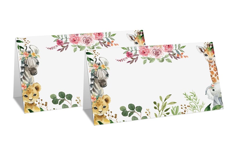 Gihyan Table Place Card for Baby Shower, 25 Pcs Tent Cards Set with Floral Design, Editable Name Cards for Table Seating, Wild Animal Birthday Party Food Lables, Safari Jungle Baby Shower Decorations(13) - Image 1